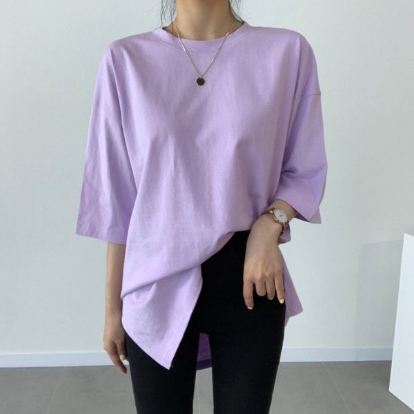 

a80sf korean t- women's solid color split half sleeve underpants t-shirt underpants mid-length base shirt loose all-match women's, White
