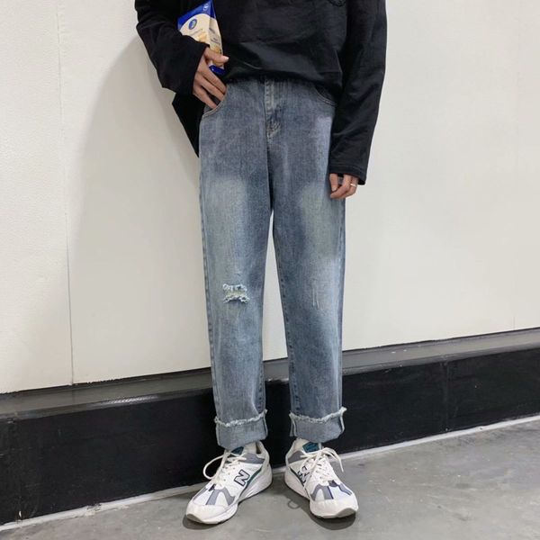 

men's jeans korean fashion retro casual ripped straight men streetwear wild loose hip hop hole denim pants mens trousers, Blue