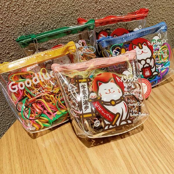 

super cute~pray for fortune cat bags of disposable rubber bands do not hurt multi-color hair rope girls hair accessories, Slivery;white