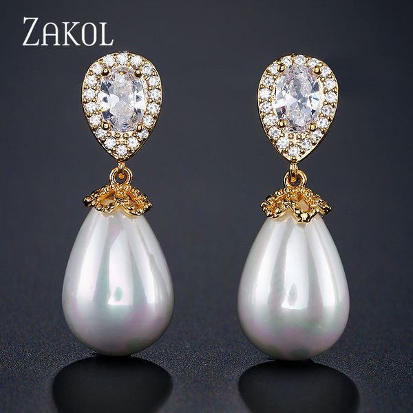 

zakol rose gold color charm imitation pearl and cubic zirconia water drop fashion ladies earrings for party wedding fsep2014, Silver