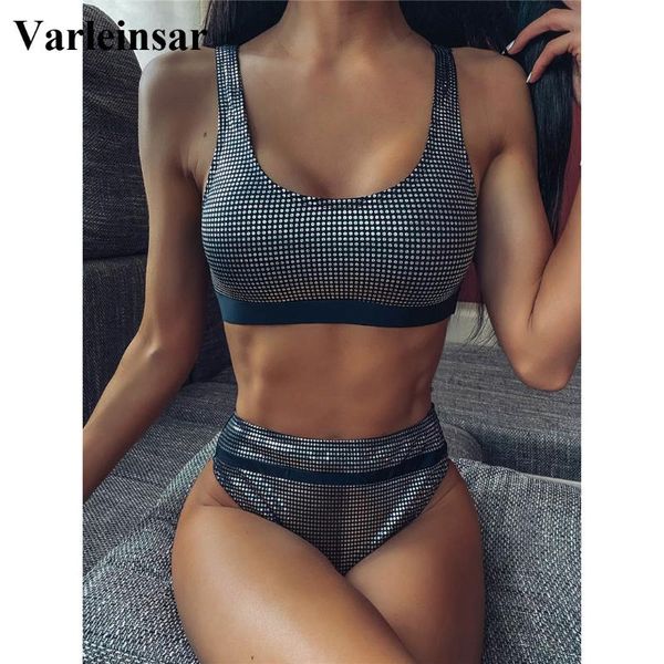 

new shiny black female swimsuit high waist bikini 2020 women swimwear two-pieces bikini set bather bathing suit swim lady v2256, White;black