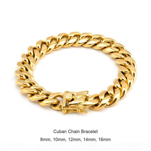 

men women stainless steel bracelet high polished miami cuban curb chain bracelets double safety clasps gold steel 8mm 10mm 12mm 14mm 16mm, Black