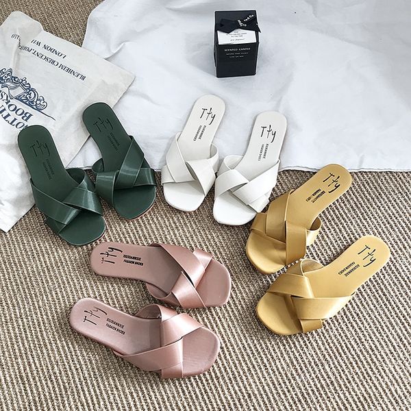 

2020 summer new cross flat non-slip one-line slippers soft bottom korean style simple all-match outer wear plain color slippers