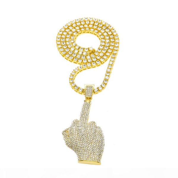 

luxury full iced out rhinestones middle finger hand pendant with 1 row tennis chain and 6mm rope necklace men, Silver