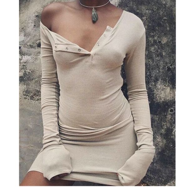 

vintage one shoulder open buttons collar dress spring autumn bodycon long sleeve bodycon knee-length base dresses 4 colors, Black;gray