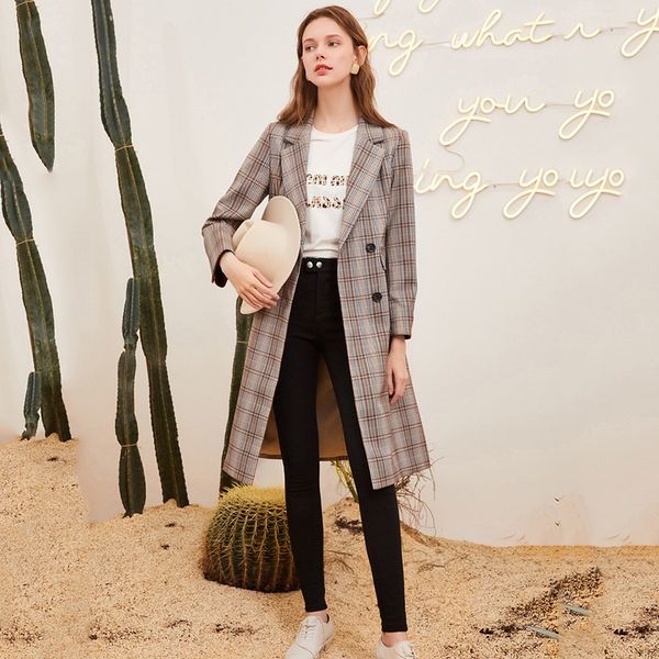 

sc 2020 windbreaker coat spring new suit collar long plaid double-breasted trench coat for women s811922f00, Tan;black