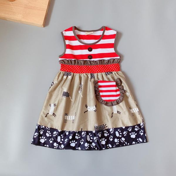 

100% cotton summer red striped tank dress girl's dress cartoon cat, Red;yellow
