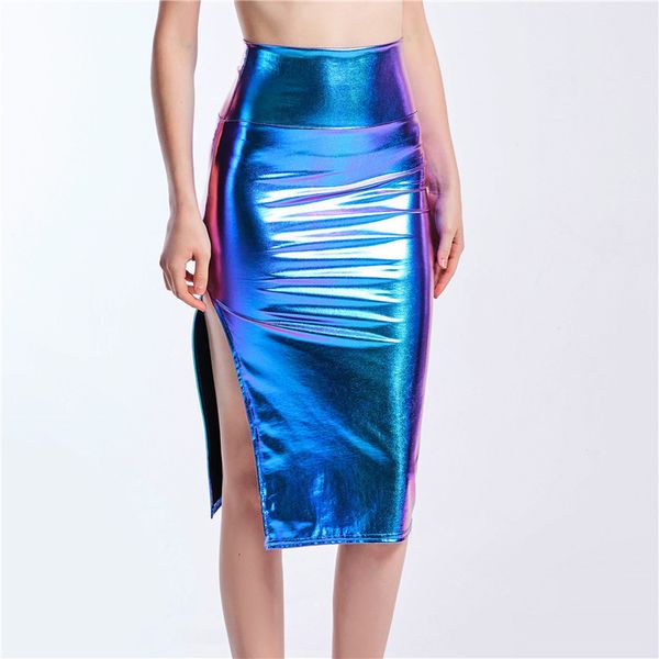 

fashion high split skinny skirts for women bling holographic midi skirts night party club pu patchwork skirt, Black