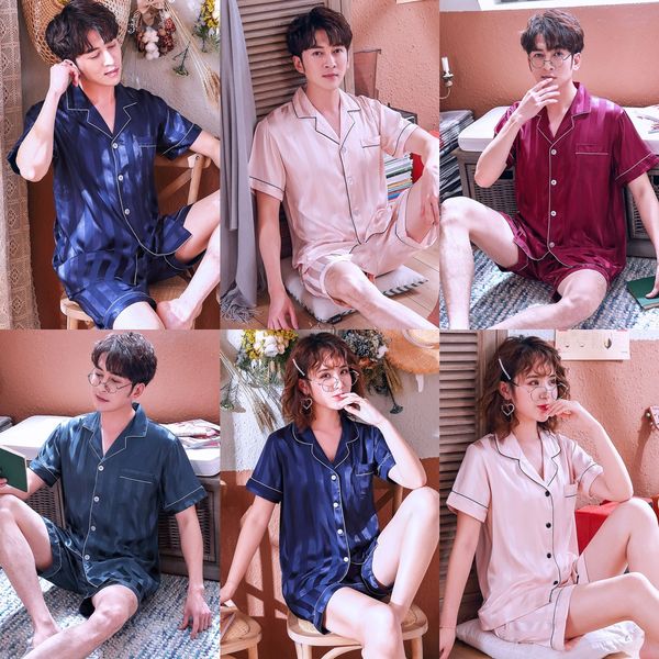

couple pajamas women's summernoble men's short clothes jacquard home clothes sleeve jacquard thin satin chiffon striped home suit, Black;brown