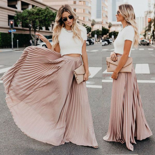 

women boho chiffon long maxi dress lady beach skater pleated long skirt pleated sundress skirt solid comfort pleated skirts, Black