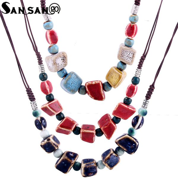 

ethnic style handmade irregular ceramic beads rope chain choker necklace female maxi statement choker collar jewelry gift, Silver