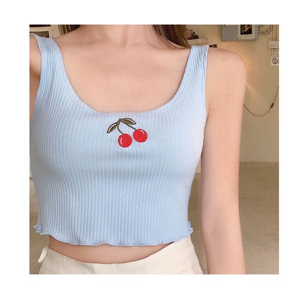 

cotton ribbed women crop summer embroidery strap blue tank cropped feminino ladies elastic ruched short vest camisole, White