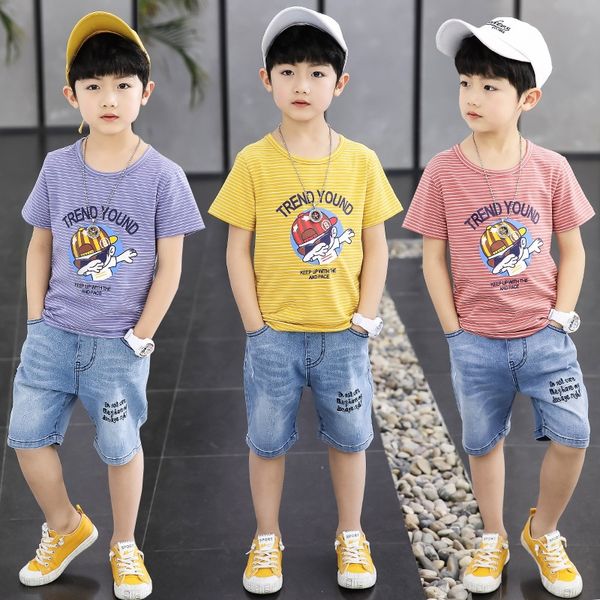 

2020 new korean style t-shirt short-sleeved boys' summer half-sleeved medium and large children's striped t-shirt trendy children, Blue