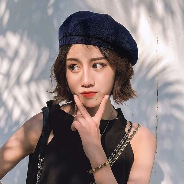 

2020 new women's thin cotton linen solid color all-match beret pumpkin beret pumpkin hat fashion, Blue;gray
