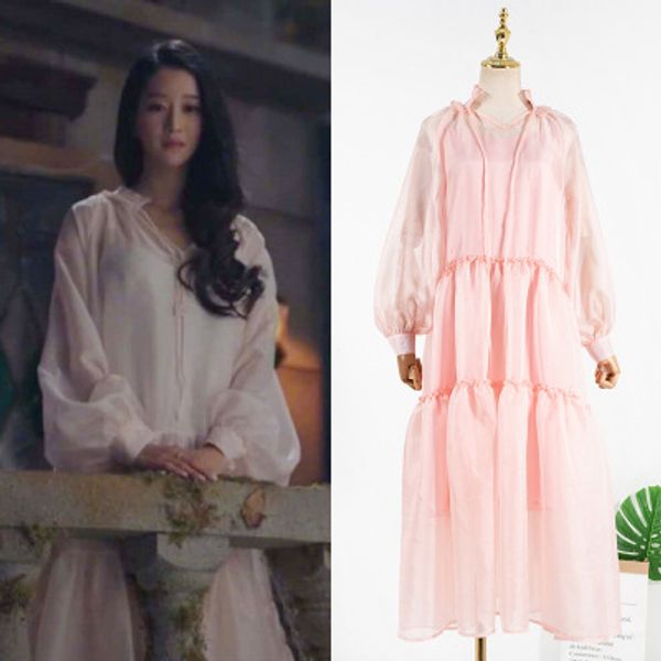 

seo yea ji same 2020 summer fashion new home pink dress ruffle skirt, White