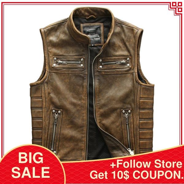 

2020 vintage brown motorcycle style leather vest men plus size 4xl genuine cowhide autumn slim fit biker's leather vest, Black;white
