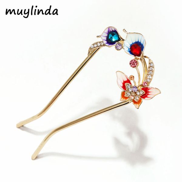 

muylinda butterfly enamel hairpin crystal hair pin stick women banquet hair jewelry accessories, Golden;silver