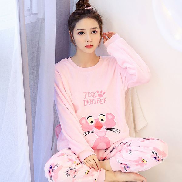 

korean autumn winter pjs women coral fleece pajamas set pyjamas pink panther long sleeve home clothes plus size pijama mujer, Black;white