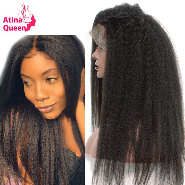 

atina queen brazilian kinky straight wig lace front human hair wigs black for women pre plucked with baby hair remy afro coarse