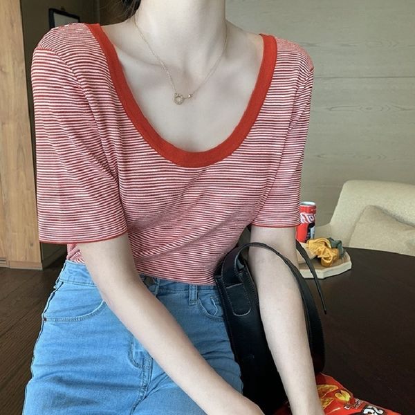 

2020 весной и летом новый женский корейский стиль свободный пуловер пуловер топ интернет популярный u-воротник полосатый с короткими рукавам, White