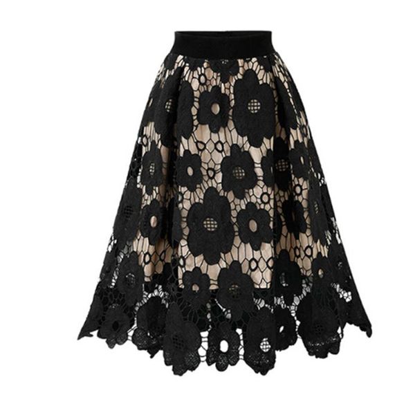 

klv 2020 womens crotch lace knee length ladies soft stretch flared printed skater skirt d4, Black