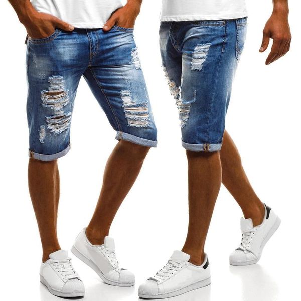 

2020 summer new s-3xl men's slim five-point denim pants washed old cuffed men's ripped straight jeans spijkerbroeken heren, Blue