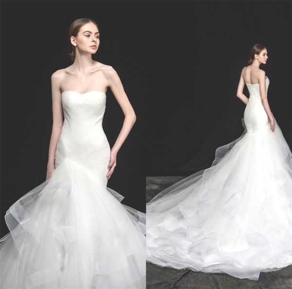 

gorgeous mermaid tulle wedding dresses strapless ruffles wedding gown custom made bridal vestidos de novia, White