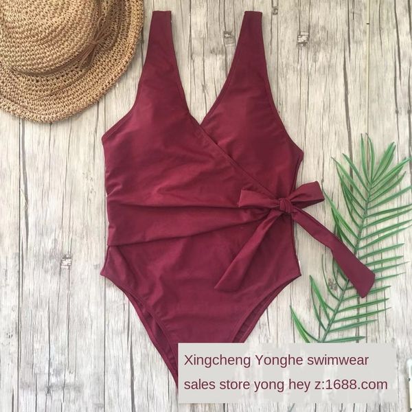 

swimming river 2019 new women's one-piece solid color slimming swimsuit lace-up swimsuit, Black