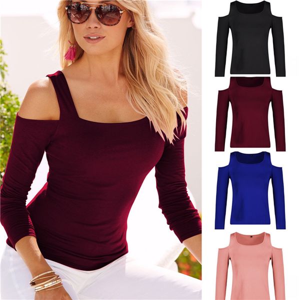 

strapless womens designer t-shirts slash neck long sleeve slim ladies tees autumn solid color hollow out women tshirts clothing, White