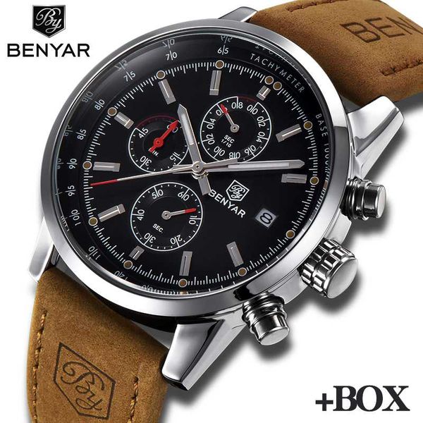 

benyar men watches stainless steel chronograph watch waterproof casual business quartz wrist watch men reloj hombre, Slivery;brown