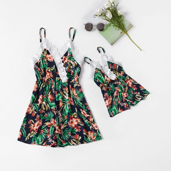 

lace tank mother mom daughter dresses mommy and me dress clothes family matching outfits look floral print mum and baby dress y200713, Blue