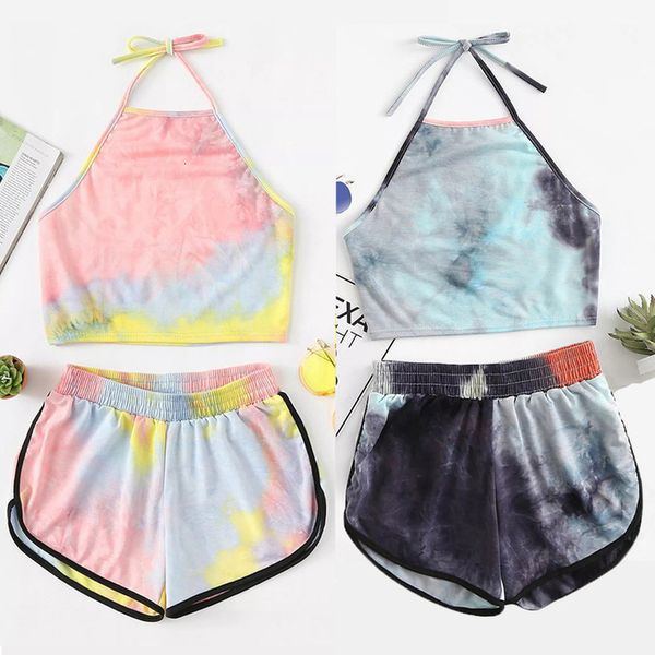

2020 summer women two piece set tie dye halter crop and shorts set streetwear clothes tracksuit outfits sportswear#0221, Gray