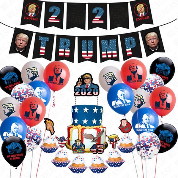 

24pcs/lot donald trump 2020 flag latex confetti balloons set trumpet pull flag sting + cake card us president vote accessriesd72202