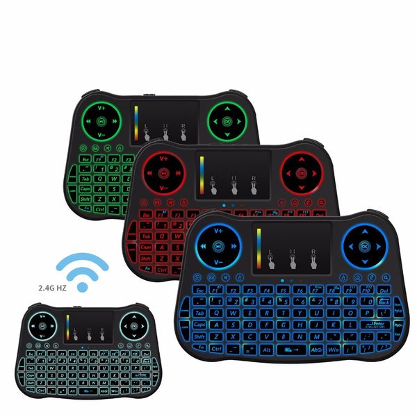 20 pçs / lote DHL grátis 7 cores backlit mt08 mini teclado sem fio 2.4GHz mouse de ar com controle remoto touchpad para caixa de televisão Android