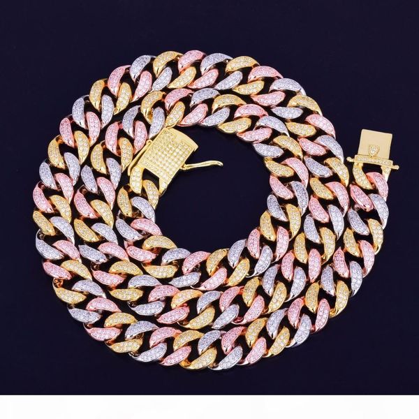 

12mm 16-28inch iced out mixed colors cuban chain necklace hip hop jewelry copper material cz clasp men necklace, Silver