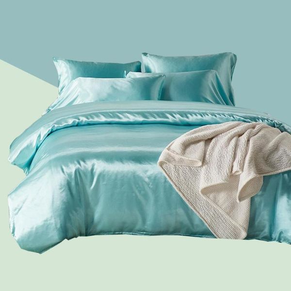 

синий пододеяльник сатин luxury  king size bed set одеяло пододеяльник белье и наволочки для одиночные двойные постельные принадлежност