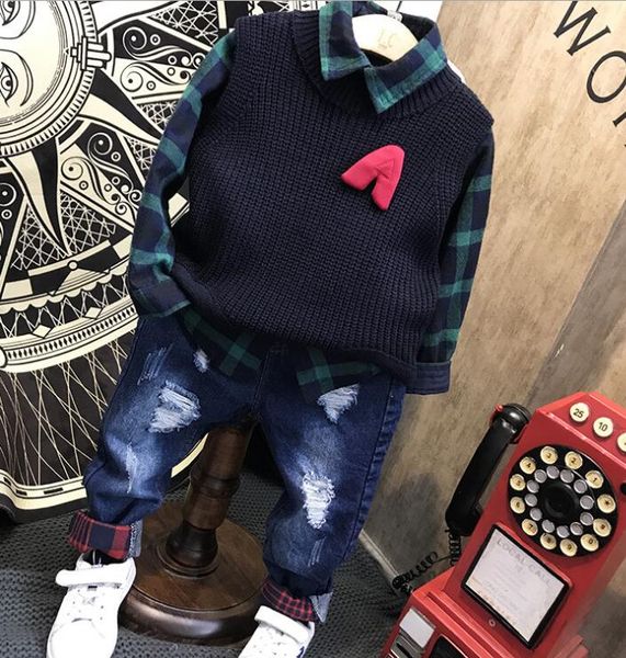 

clothing sets baby boys autumn winter clothes knit vest + shirt jeans 3pcs cotton sports children suit 2-6years, White