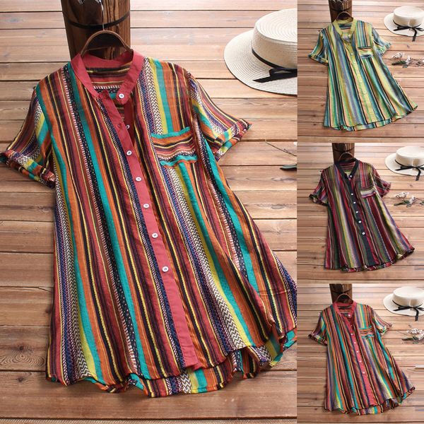 

blouse women multicolor striped print short sleeve button and blouses women casual shirts #3, White