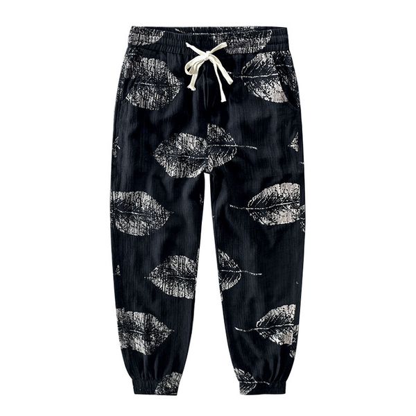 

men summer black white cotton linen long pants leaf pattern thin straight pants casual loose trousers male streetwear m-3xl
