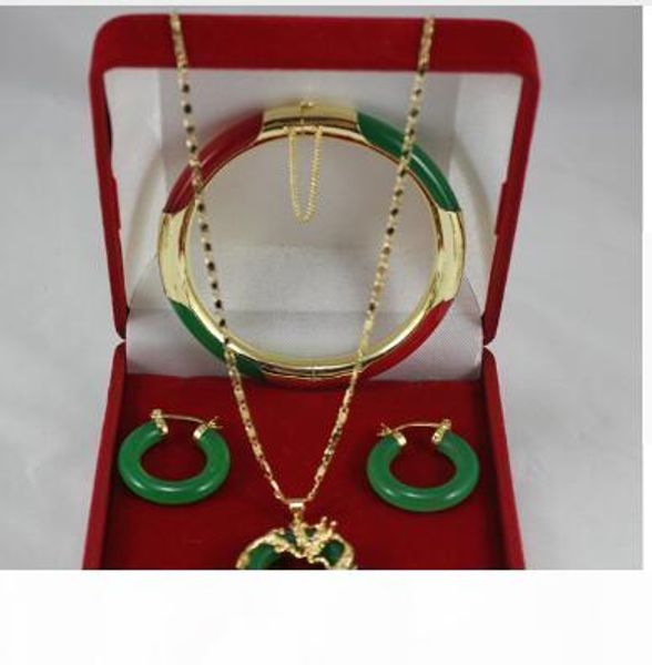 

elegant 7.5" green and red jades bracelet, green jades earings and 18kgp dragon pendant fashion jewelry sets for lady, Black