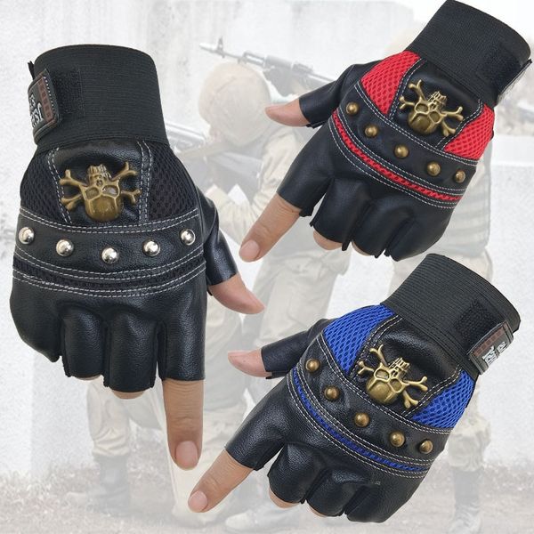 

pu half finger leather men' climbing handsome tactics protective gloves and gloves pirate skull personalized rivet protection thin, Blue;gray