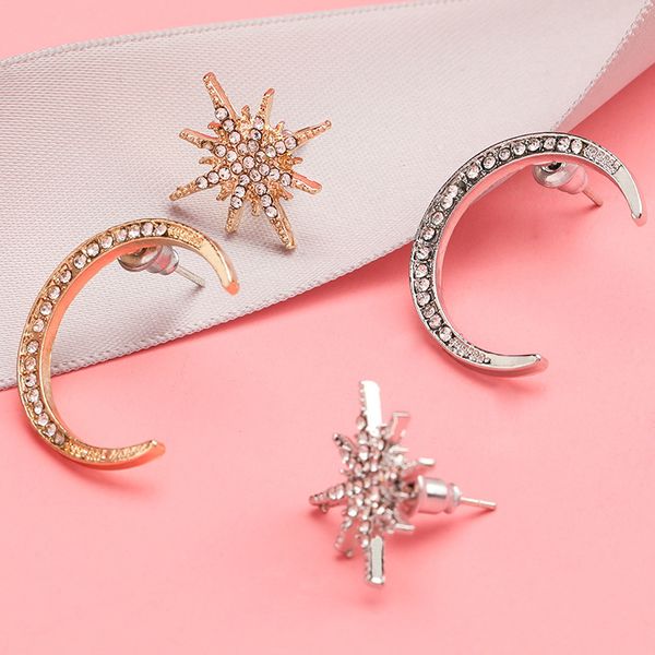 

fashion ins wind alloy diamond rhinestone star moon asymmetric earrings fashionable women korean style simple earrings, Golden