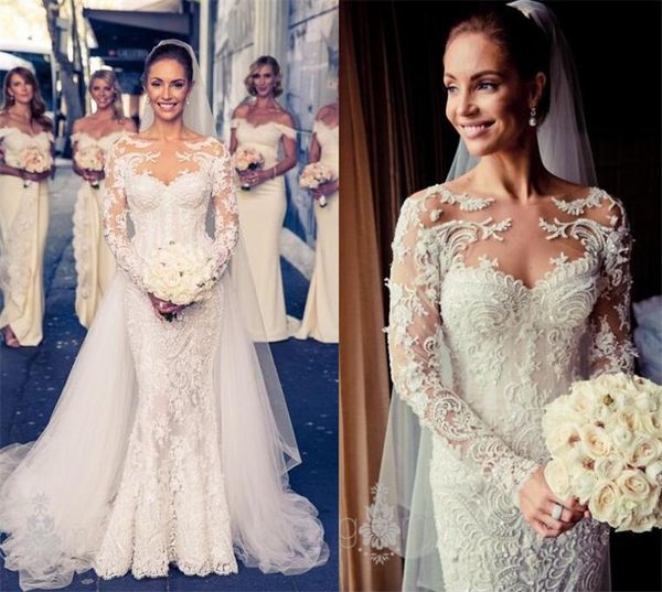 

2021 vintage full lace mermaid wedding dresses designer overskirt long sleeves bridal gowns detachable train australia vestidos de novia, White