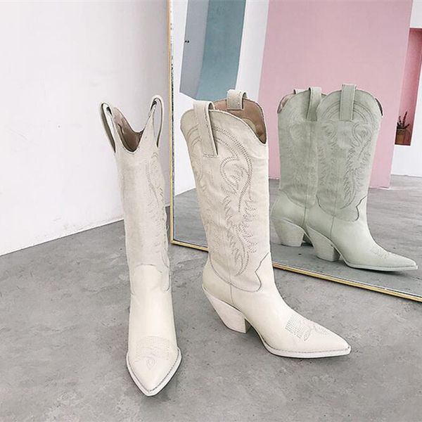 

embroidery canvas white knee high boots western wedge heel knight boots slim fit pointed toe long designer women shoes, Black
