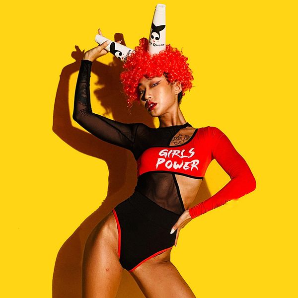 

nightclub costumes bar dj ds dancer outfit hollow mesh stretch bodysuit pole dance clothes rave performance wear dn6120, Black;red