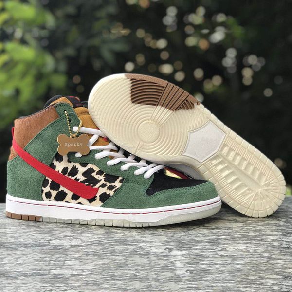 

2020 sb dunks high dog walker skateboard shoes new arrival deerskin spots green brown suede casual sport sneaker, White;red