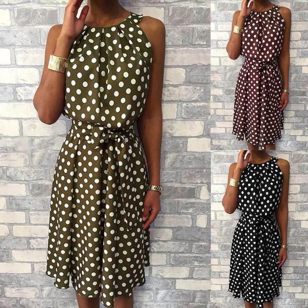 

women halter dress summer fashion polka dot knee-length dress sleeveless dresses off shoulder casual loose dress 2020, Black;gray