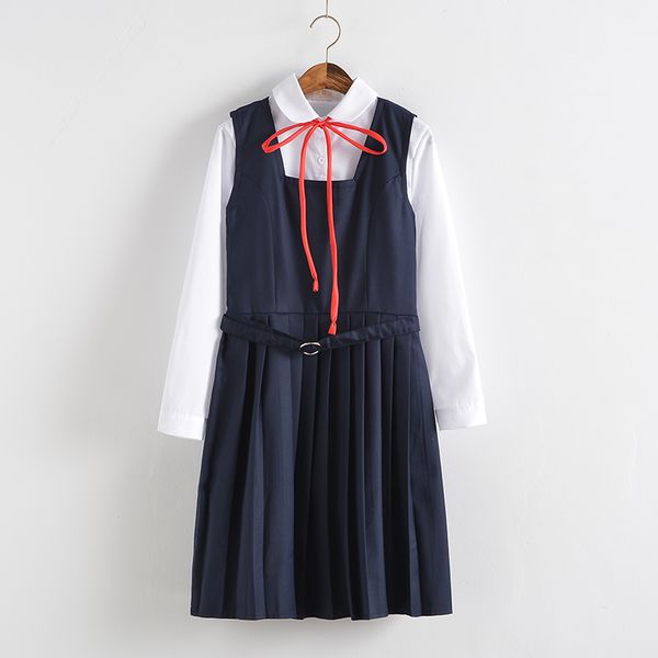 

женщины весна jk high school uniform dress set девушки опрятный стиль белая рубашка блузка top высокой талией vest танк плиссе платье, White