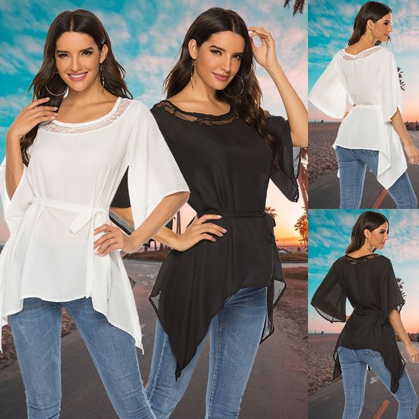 

plus size blouses for women 2xl patchwork belt casual batwing tunic 2020 autumn large size chiffon shirts, White