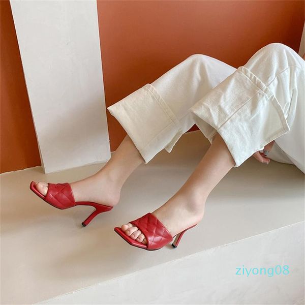 

isnom genuine leather slippers women slides thin high heels shoes woman new square toe ladies mules fashion women shoes z08, Black